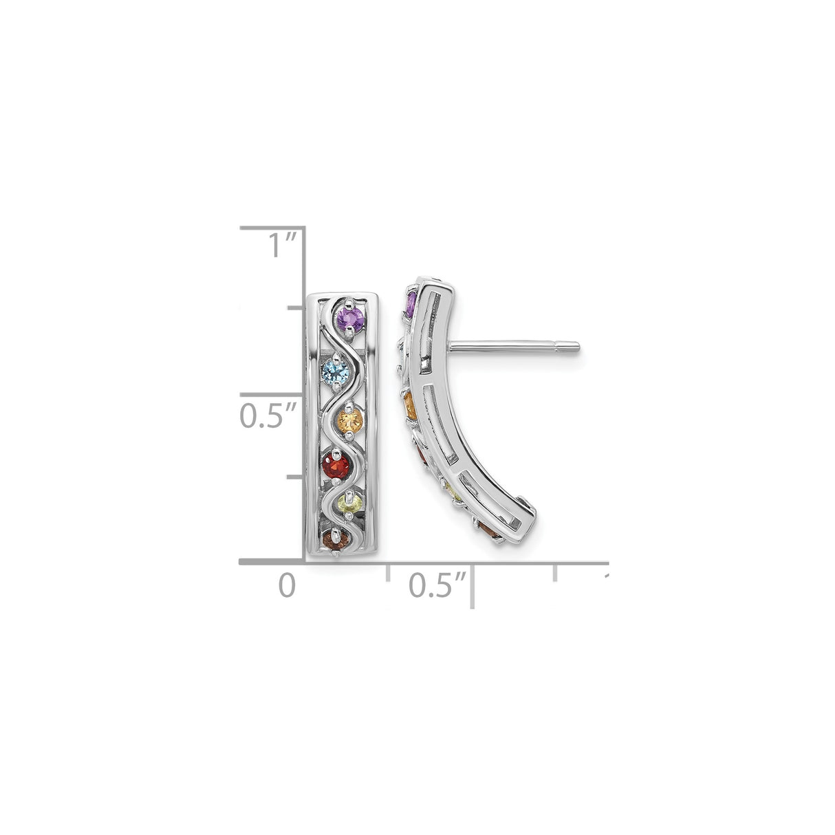 Sterling Silver Rainbow Bar Stud Earrings, Wavy Linear Design with Multicolor Gemstones