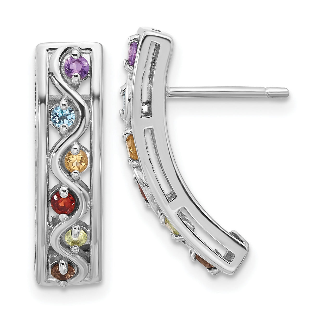 Sterling Silver Rainbow Bar Stud Earrings, Wavy Linear Design with Multicolor Gemstones