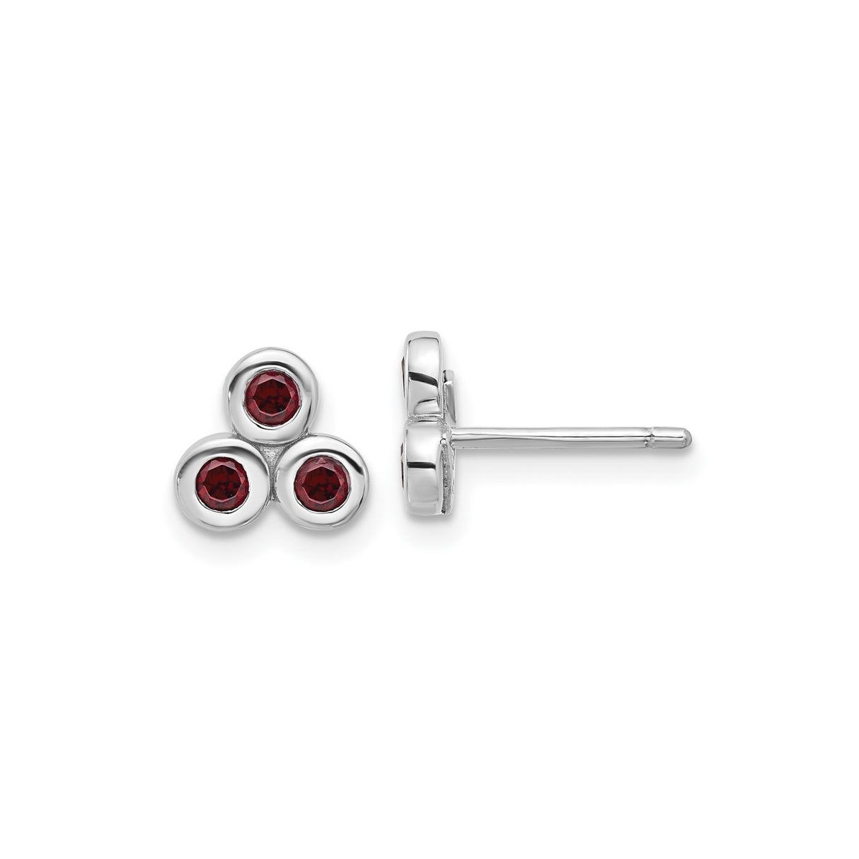 Sterling Silver Triangle Stud Earrings with Garnet Cluster Design, Minimalist Three Stone Style