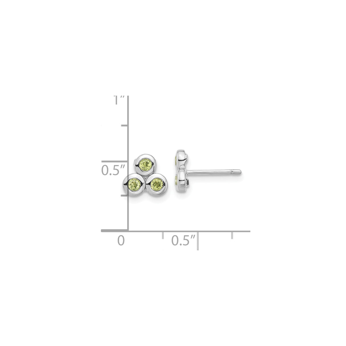 Sterling Silver Stud Earrings with Peridot, Bezel Set Trio Design, Minimalist Clustered Style