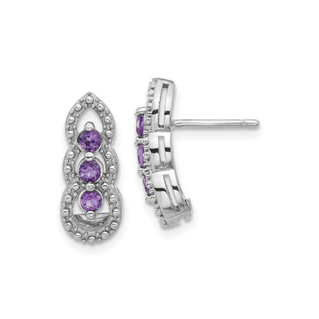 Sterling Silver Stud Earrings with Infinity Design and Beaded Detailing Featuring Three Round Cut Amethyst Stones as Purple Gemstone Studs for Spiritual Jewelry and February Birthstone Daily Wear