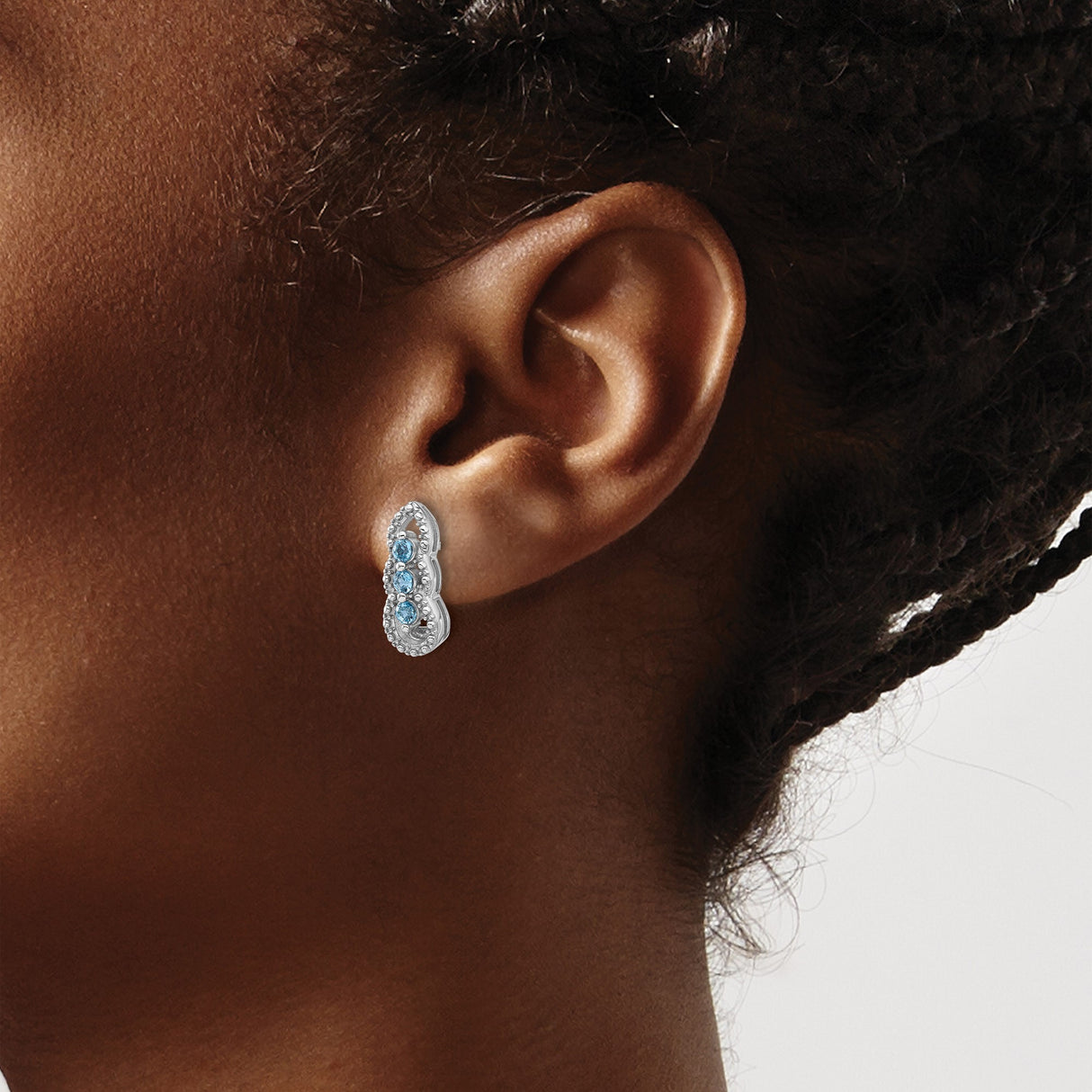 Sterling Silver Stud Earrings with Swiss Blue Topaz, Marquise Openwork Frame, Beaded Detailing