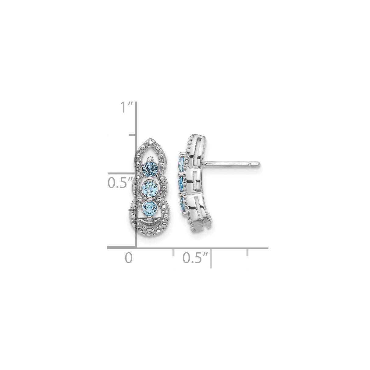 Sterling Silver Stud Earrings with Swiss Blue Topaz, Marquise Openwork Frame, Beaded Detailing
