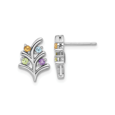 Sterling Silver Tree Branch Stud Earrings for Women with Round Gemstones, Nature Inspired Silver Jewelry Featuring Colorful Crystals, Vibrant Minimalist Design for Everyday Spring and Boho Style
