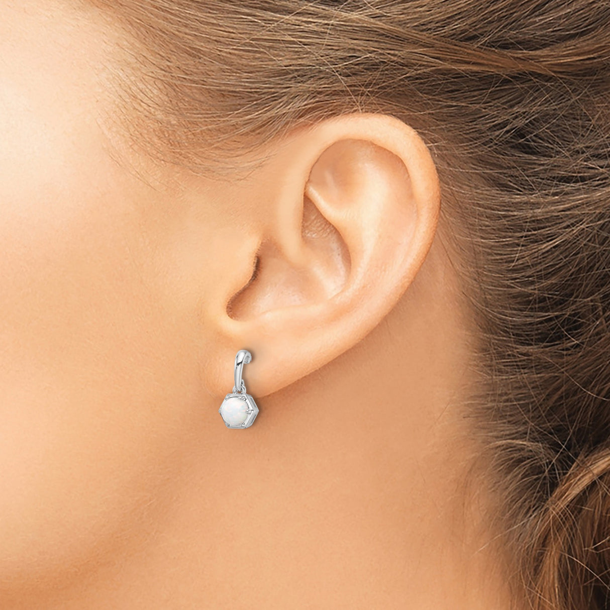 Sterling Silver Dangle Earrings with Created Opal, Hexagon Bezel, Minimalist Design