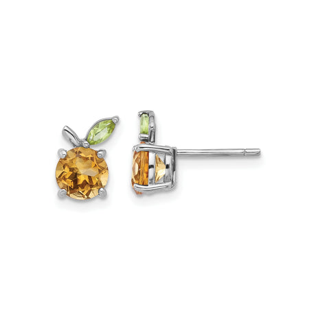 Sterling Silver Stud Earrings with Round Cut Citrine and Marquise Cut Peridot, Botanical Fruit Motif, Orange and Green Gemstone Earrings for Women, Colorful Nature Inspired Daily Wear Jewelry
