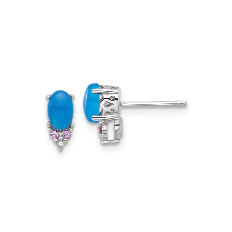 Sterling Silver Stud Earrings with Oval Turquoise Cabochon Stones, Accented by Pink and Clear Crystals, Classic Blue Gemstone Studs for Women, Vibrant Minimal Jewelry for Daily or Evening Wear
