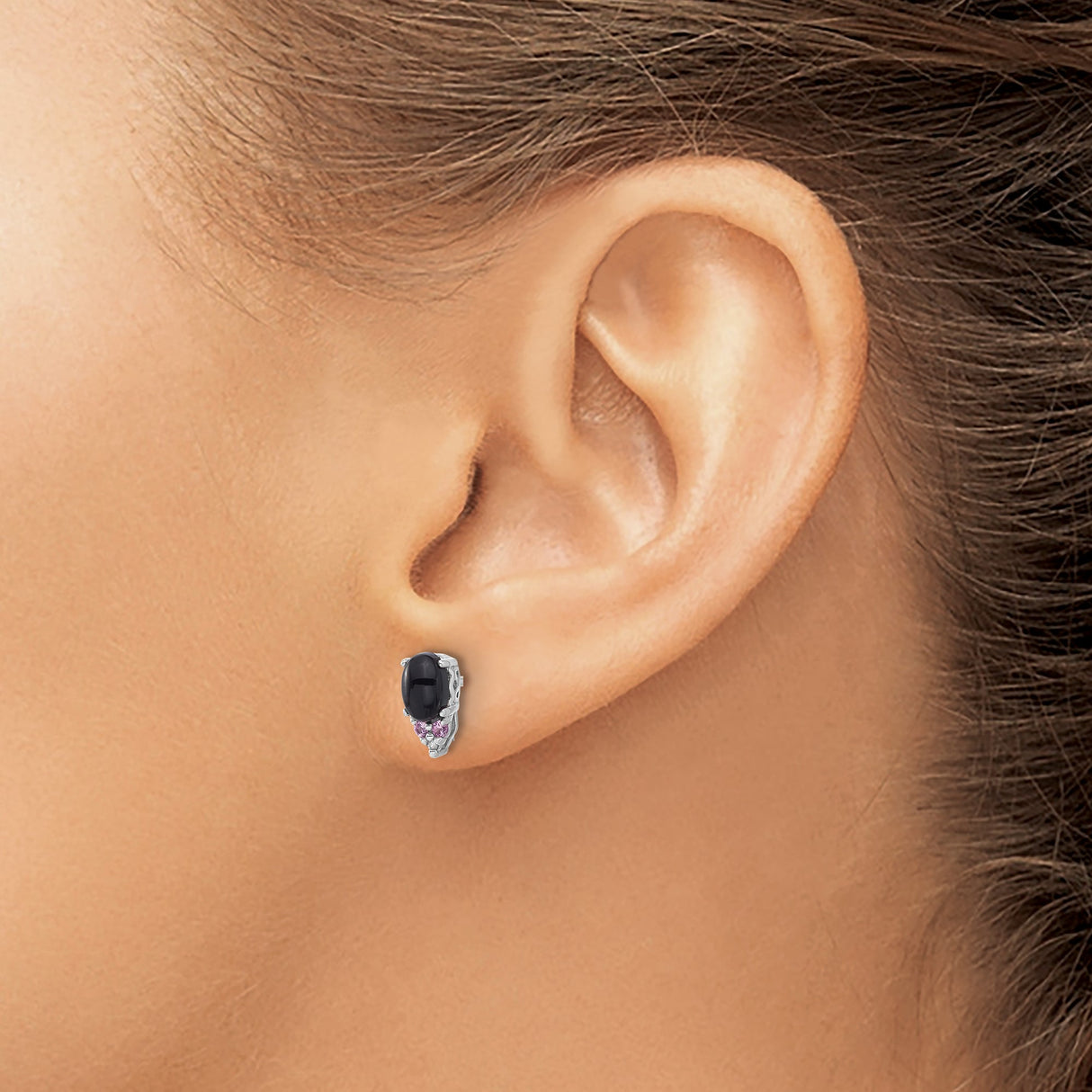 Sterling Silver Stud Earrings with Onyx and Lab Created Sapphire Accents, Oval Prong Set Design
