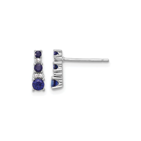 Sterling Silver Vertical Stud Earrings with Blue and White Gemstones, Alternating Round Sapphire and Cubic Zirconia Stones, Elegant Rhodium Plated Design for Women, Formal Evening Jewelry Studs