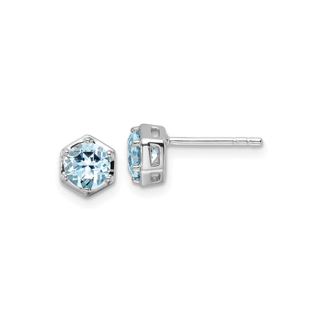 Sterling Silver Stud Earrings with Light Blue Faceted Gemstones in Hexagon Bezel Setting, Minimalist Modern Design for Women, Dainty Everyday Silver Studs, Classic Topaz Jewelry Look