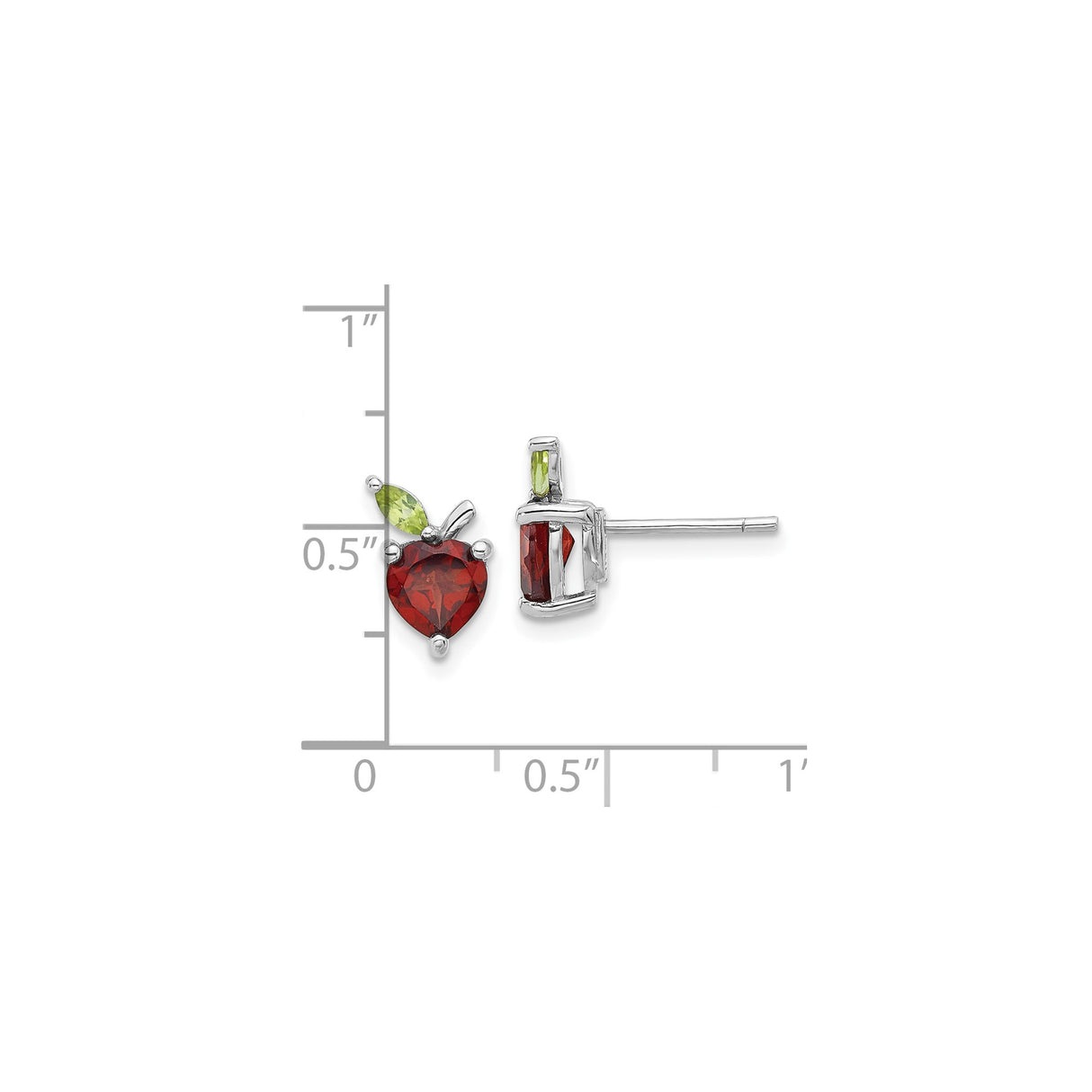 Sterling Silver Apple Earrings with Heart Garnet and Marquise Peridot, Nature-Inspired Studs