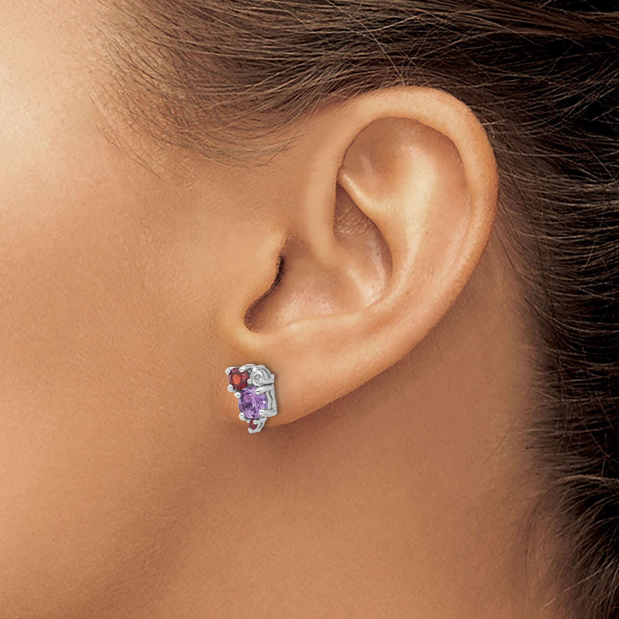 Sterling Silver Stud Earrings with Garnet, Amethyst, and White Topaz Cluster Design