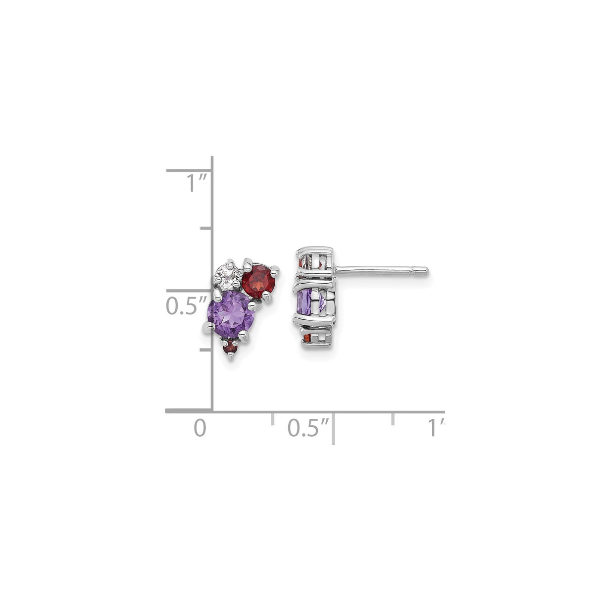 Sterling Silver Stud Earrings with Garnet, Amethyst, and White Topaz Cluster Design