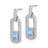 Sterling Silver Dangle Earrings with Swiss Blue Topaz and Cubic Zirconia, Open Rectangle Design