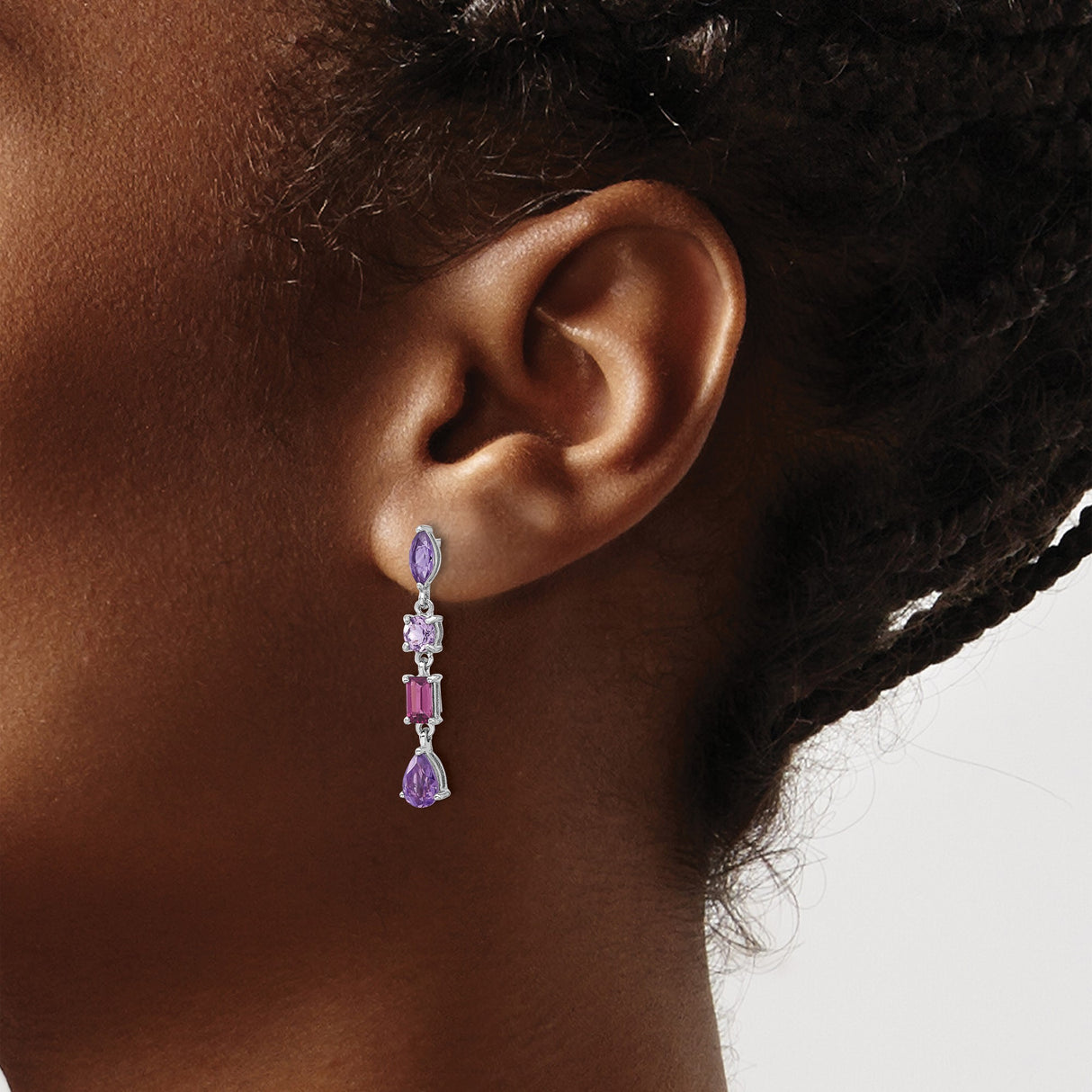 Sterling Silver Dangle Earrings with Rhodolite Garnet and Quartz Gemstones
