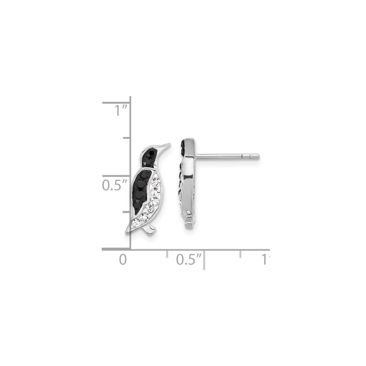 Sterling Silver Penguin Stud Earrings with Black and White Crystals, Rhodium Plated Animal Design
