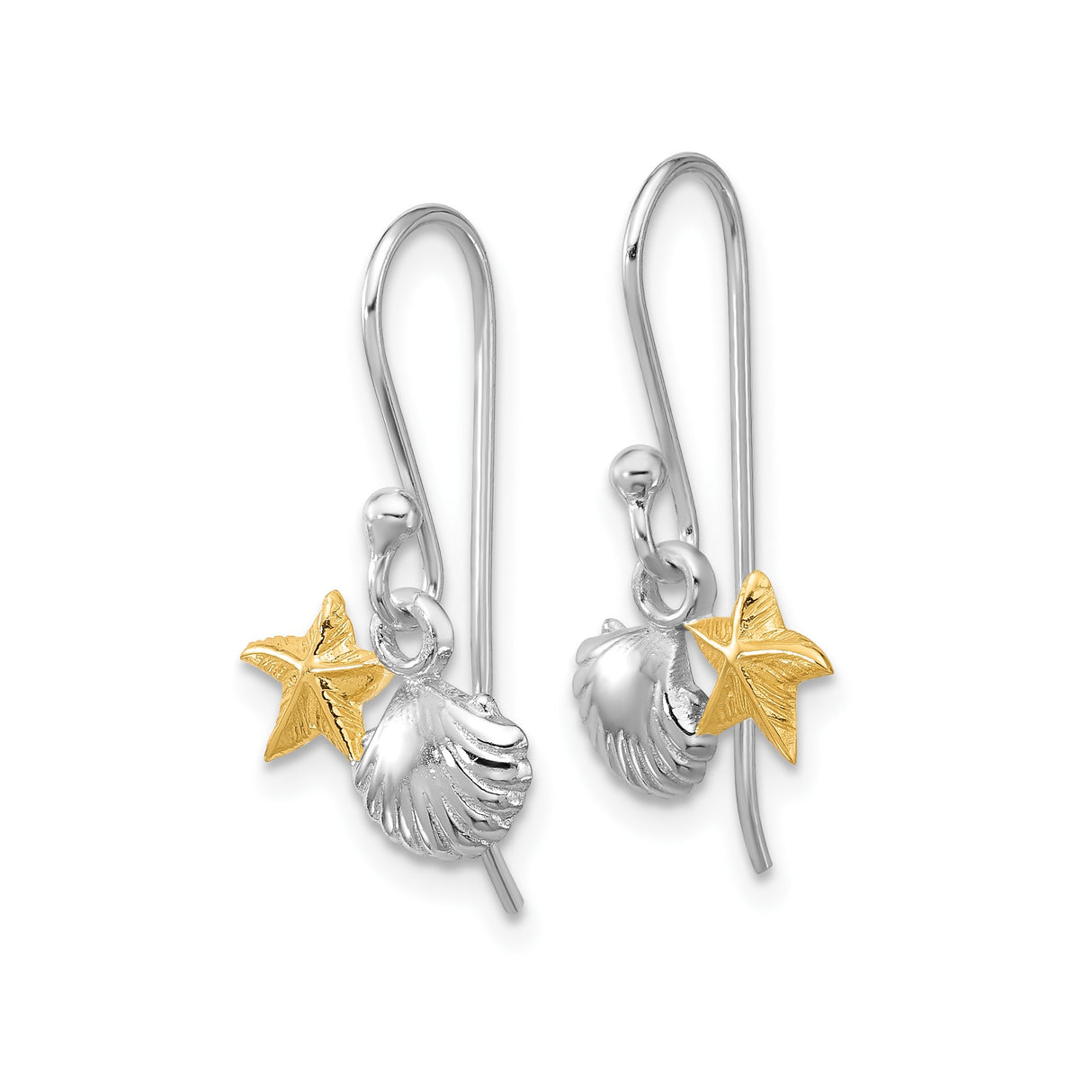 Sterling Silver Dangle Earrings with Gold Tone Starfish and Seashell Charms, Ocean Inspired Jewelry