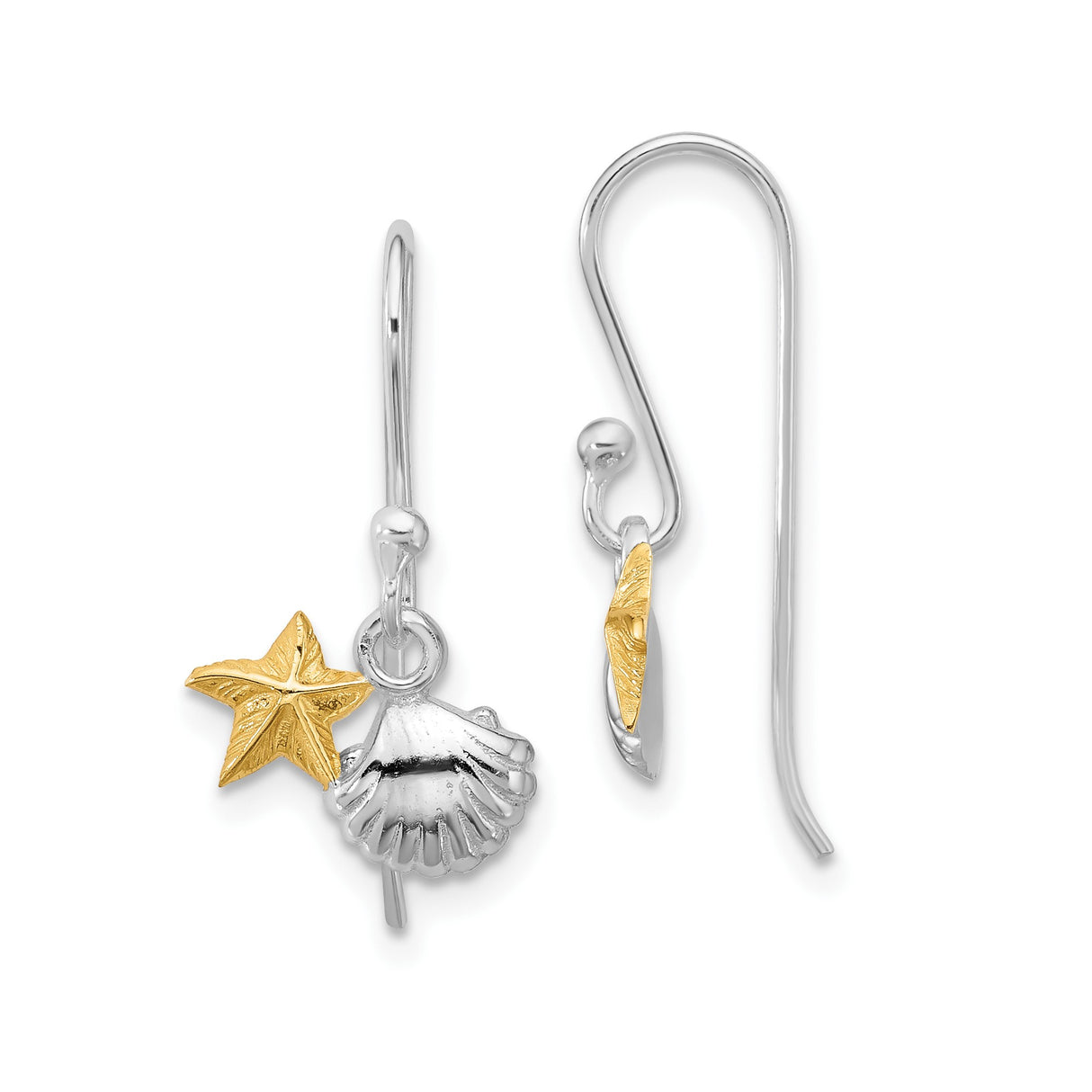 Sterling Silver Dangle Earrings with Gold Tone Starfish and Seashell Charms, Ocean Inspired Jewelry