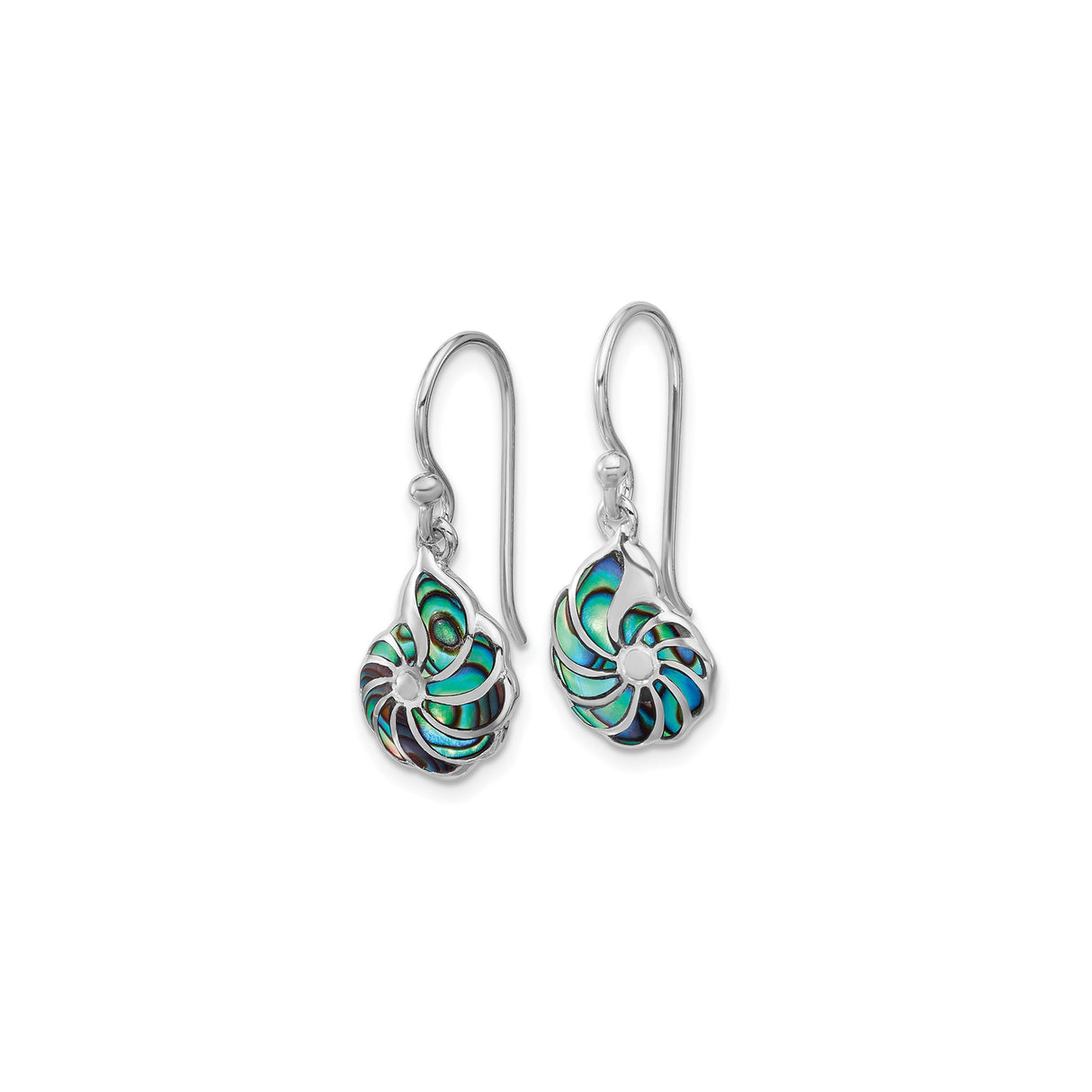 Sterling Silver Drop Earrings with Abalone Shell, Nautilus Swirl, Ocean-Inspired Design