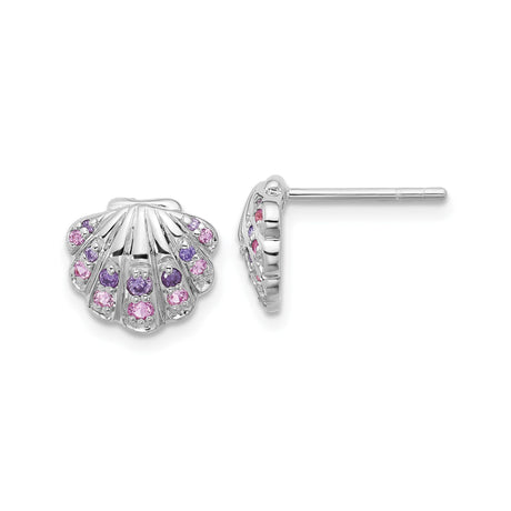 Sterling Silver Seashell Stud Earrings with Pink and Purple Cubic Zirconia, Nautical Beach Style