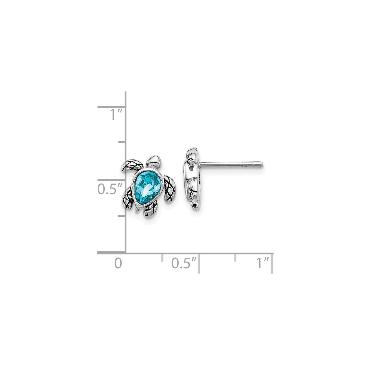 Sterling Silver Sea Turtle Stud Earrings with Blue Crystal and Textured Shell
