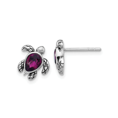 Sterling Silver Turtle Stud Earrings with Faceted Purple Gemstone Centers, Rhodium Plated Sea Turtle Design for Women, Nautical Ocean Jewelry, Beach Theme Nature Inspired Animal Symbolism Studs