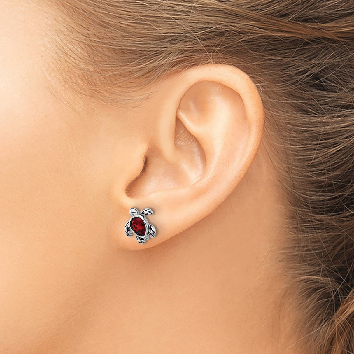 Sterling Silver Sea Turtle Stud Earrings with Pear Shaped Red Crystal, Ocean Animal Design