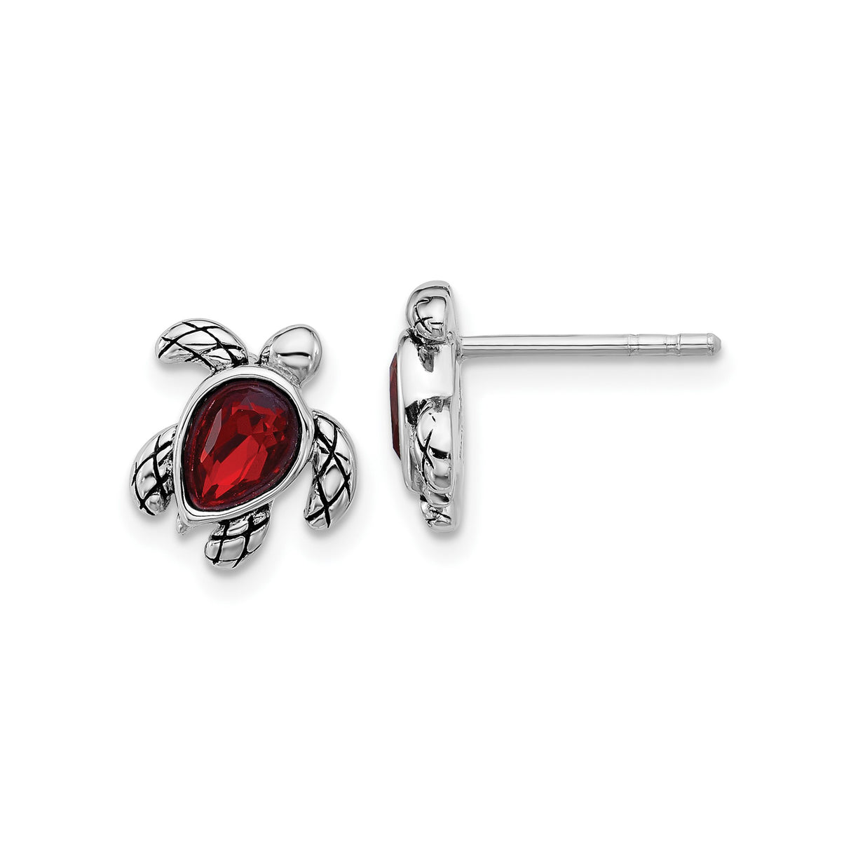Sterling Silver Sea Turtle Stud Earrings with Pear Shaped Red Crystal, Ocean Animal Design