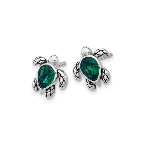 Sterling Rhodium Turtle Stud Earrings With Green Gemstone