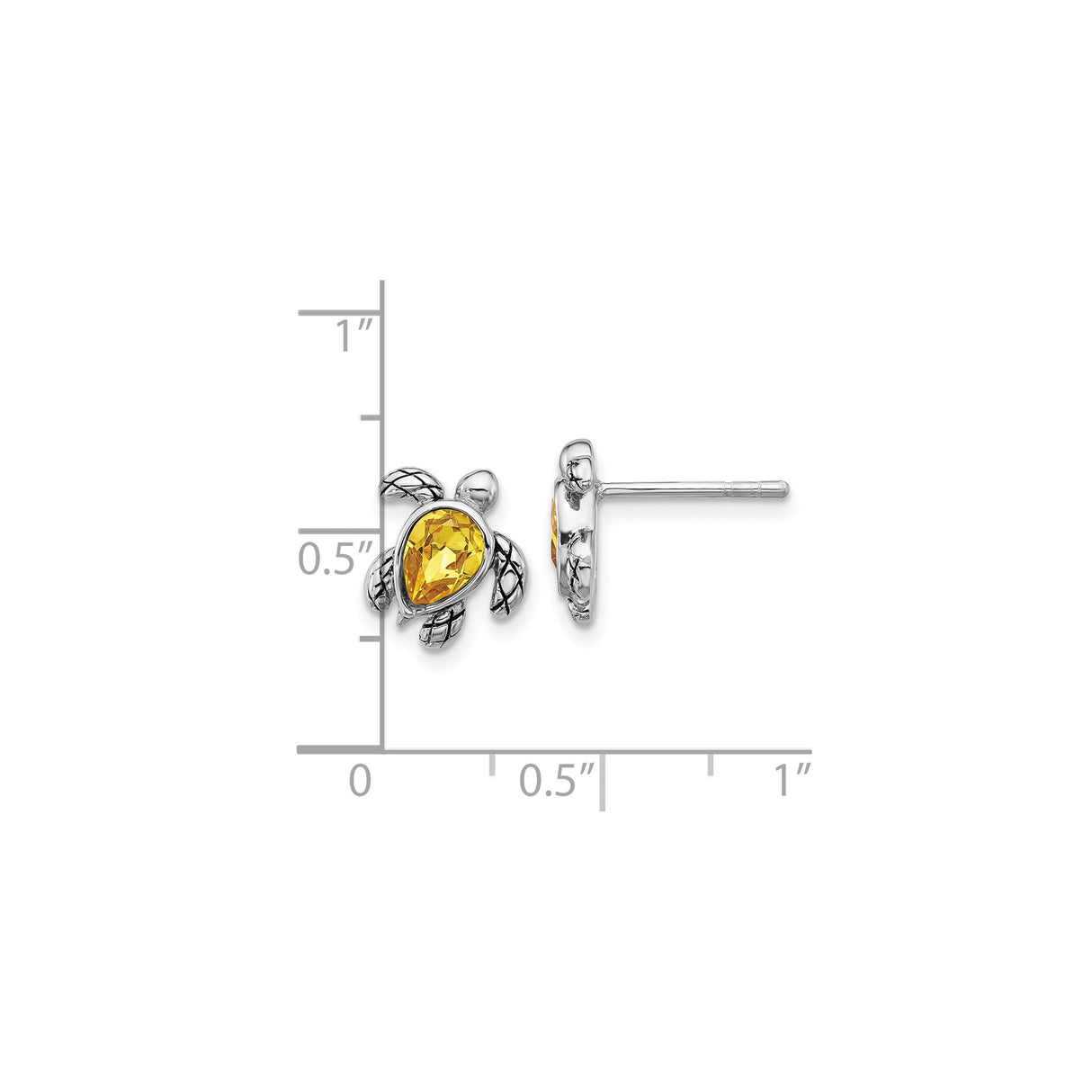 Sterling Silver Sea Turtle Stud Earrings with Yellow Crystal, Ocean Animal Jewelry for Women