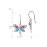Sterling Silver Dragonfly Dangle Earrings with Amethyst and Blue Topaz, Textured Wings, Gold-Tone Accent