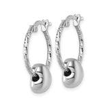 Sterling Silver Hoop Earrings with Polished Puffed Heart Charm, Textured Romantic Style