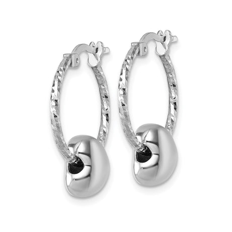 Sterling Silver Hoop Earrings with Polished Puffed Heart Charm, Textured Romantic Style