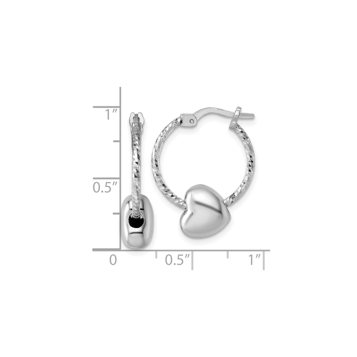 Sterling Silver Hoop Earrings with Polished Puffed Heart Charm, Textured Romantic Style