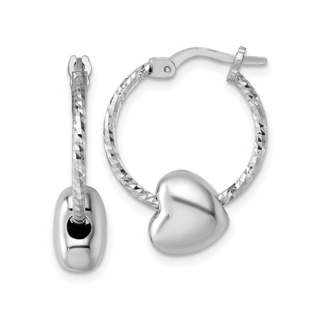 Sterling Silver Hoop Earrings with Polished Puffed Heart Charm, Textured Romantic Style