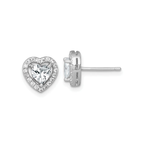 Sterling Silver Heart Stud Earrings with Cubic Zirconia and Halo Setting