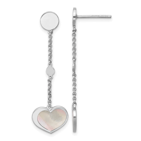 Sterling Silver Dangle Earrings with Heart Shaped Mother of Pearl Drop, Chain Design