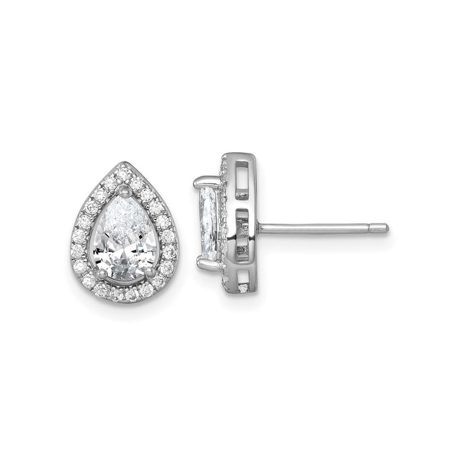 Sterling Silver Teardrop Stud Earrings for Women with Clear Cubic Zirconia Halo, Pear Shaped Rhodium Plated Design, Elegant Bridal Jewelry for Weddings, Formal Events, and Special Occasions