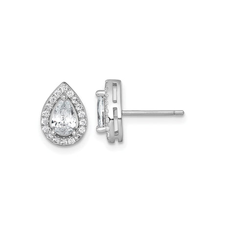 Sterling Silver Teardrop Stud Earrings for Women with Pear Shaped Clear CZ and Halo Design, Rhodium Plated Elegant Bridal Earrings for Formal Occasion, Anniversary, Wedding or Evening Wear
