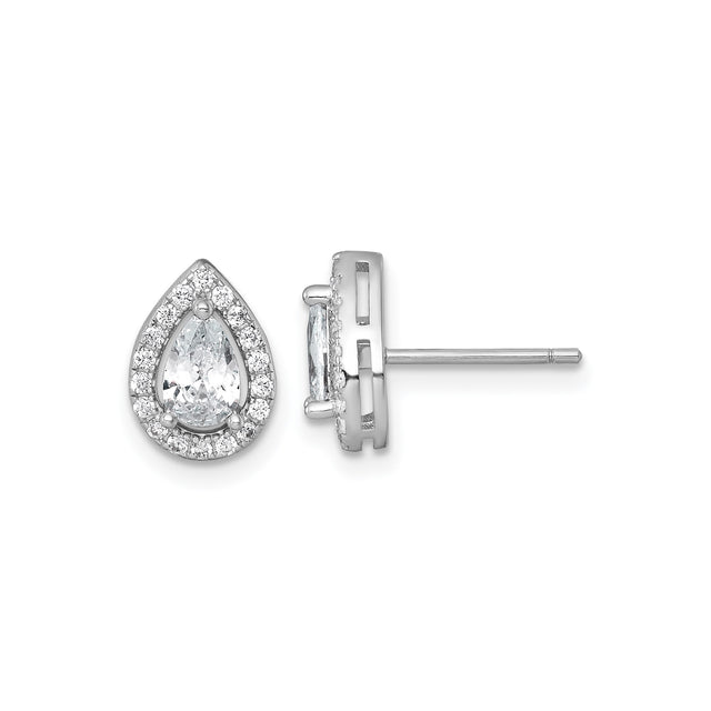Sterling Silver Teardrop Stud Earrings for Women with Pear Shaped Clear CZ and Halo Design, Rhodium Plated Elegant Bridal Earrings for Formal Occasion, Anniversary, Wedding or Evening Wear