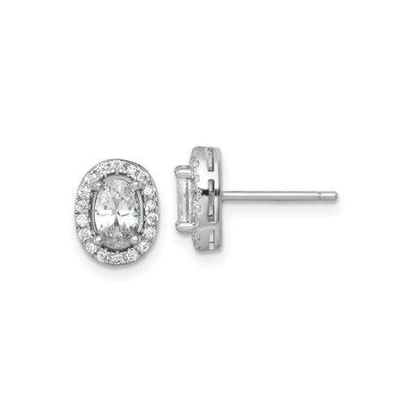 Sterling Silver Oval Halo Stud Earrings with Faceted Center Stone and Cubic Zirconia Accents