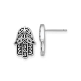 Sterling Silver Hamsa Hand Stud Earrings for Women with Scrollwork Filigree Design, Oxidized and Rhodium Plated Spiritual Jewelry, Symbolic Protection Charm, Middle Eastern Sacred Symbol