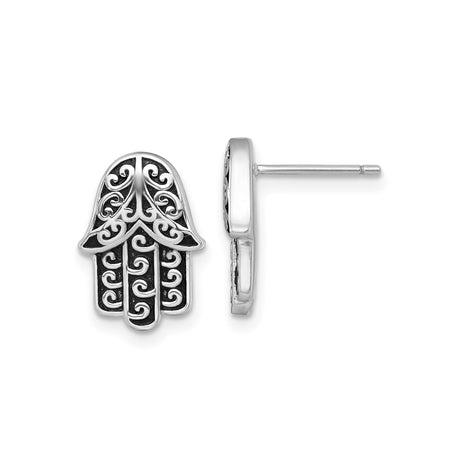 Sterling Silver Hamsa Hand Stud Earrings for Women with Scrollwork Filigree Design, Oxidized and Rhodium Plated Spiritual Jewelry, Symbolic Protection Charm, Middle Eastern Sacred Symbol