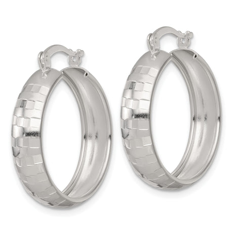 Sterling Silver Hoop Earrings with Polished Diamond-Cut Checkerboard Texture