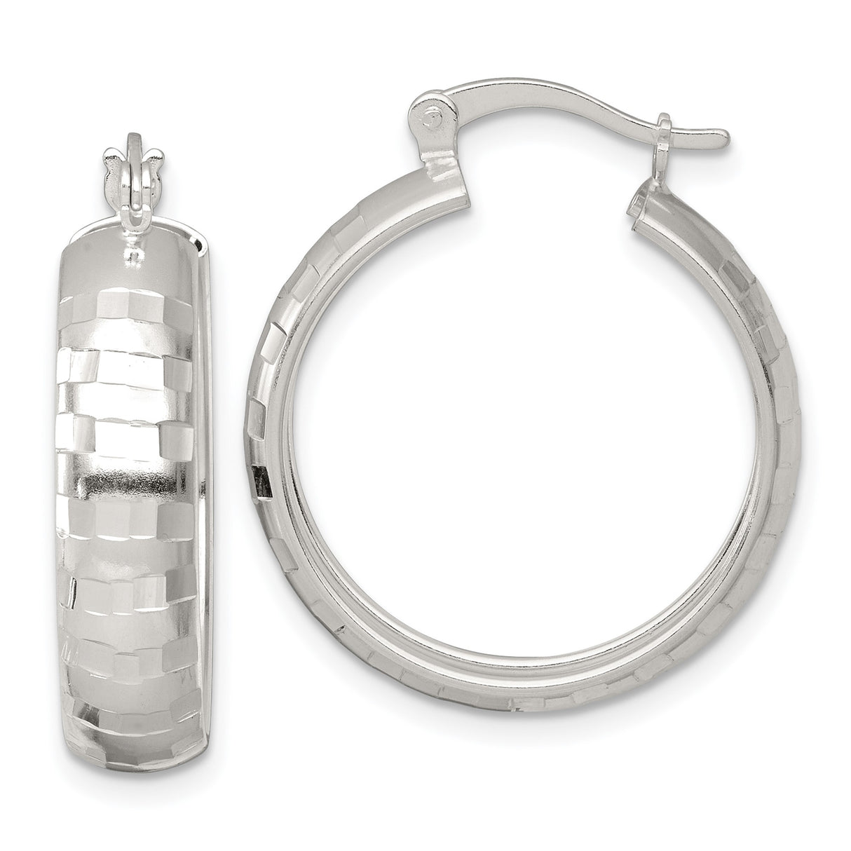 Sterling Silver Hoop Earrings with Polished Diamond-Cut Checkerboard Texture