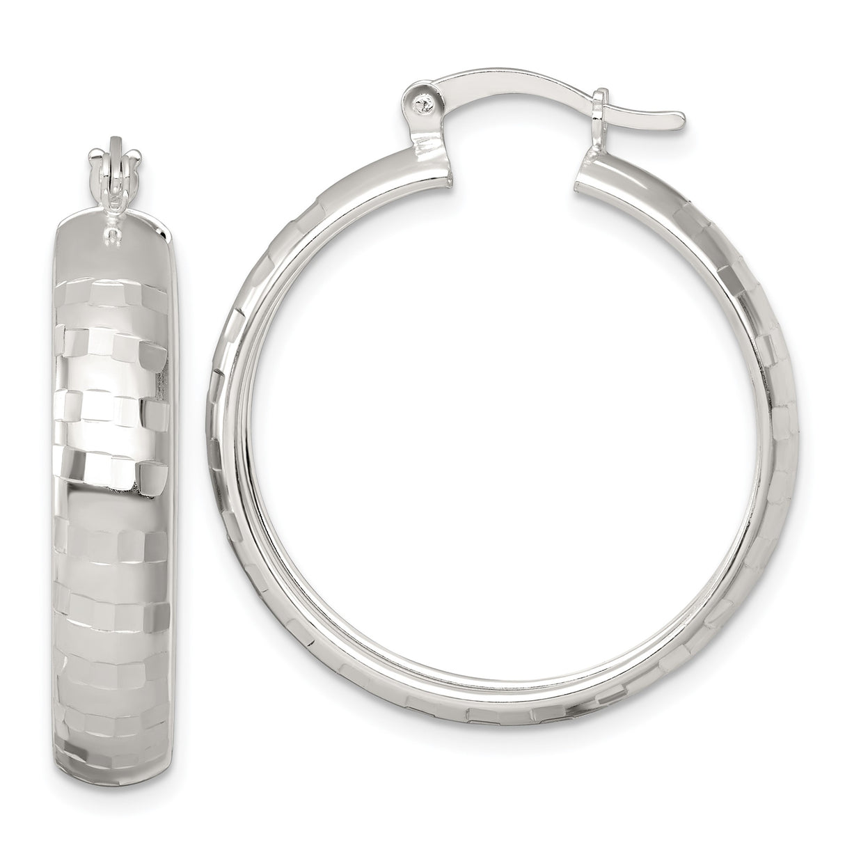 Sterling Silver Hoop Earrings with Faceted Hammered Finish and Latch Back Closure