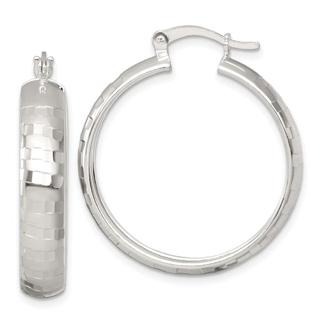 Sterling Silver Hoop Earrings with Faceted Hammered Finish and Latch Back Closure