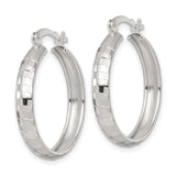Sterling Silver Hoop Earrings, Diamond Cut Textured Medium Round Hoops with Hinged Closure