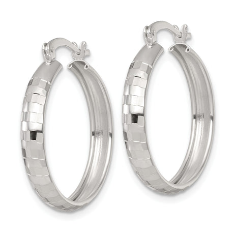Sterling Silver Hoop Earrings, Diamond Cut Textured Medium Round Hoops with Hinged Closure
