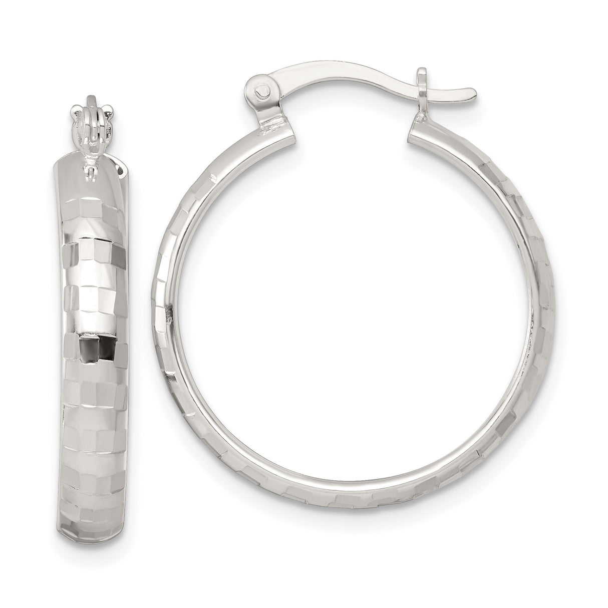 Sterling Silver Hoop Earrings, Diamond Cut Textured Medium Round Hoops with Hinged Closure
